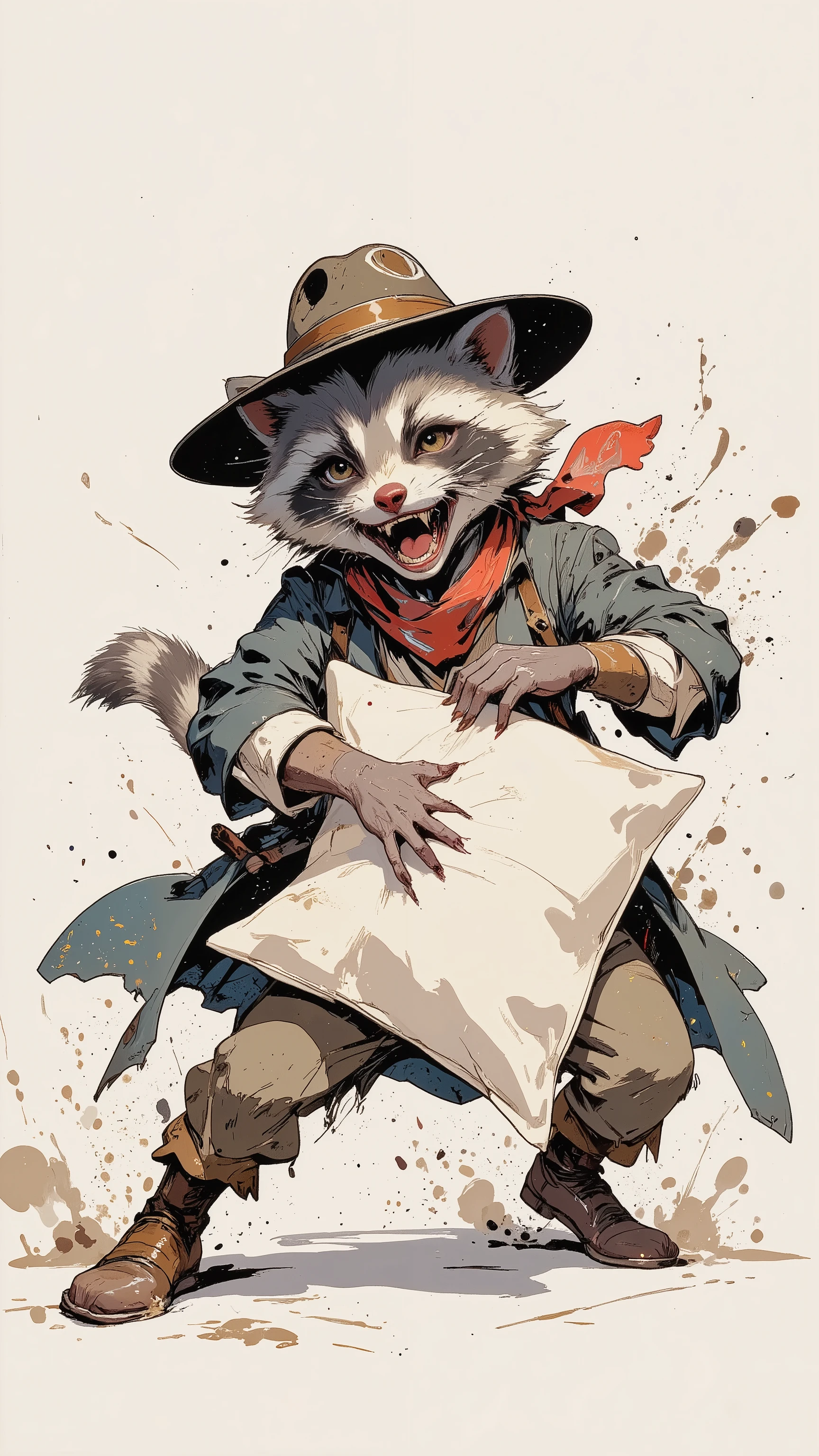 (best quality)))、(super high image quality)、(Super Detail)、(detailed description)、(Best CG ))、(masterpiece)、ArsMJStyle、(ink painting style) ,(from behind:1.2),raccoon ,cowboy shot,white back ground,pillow fight
