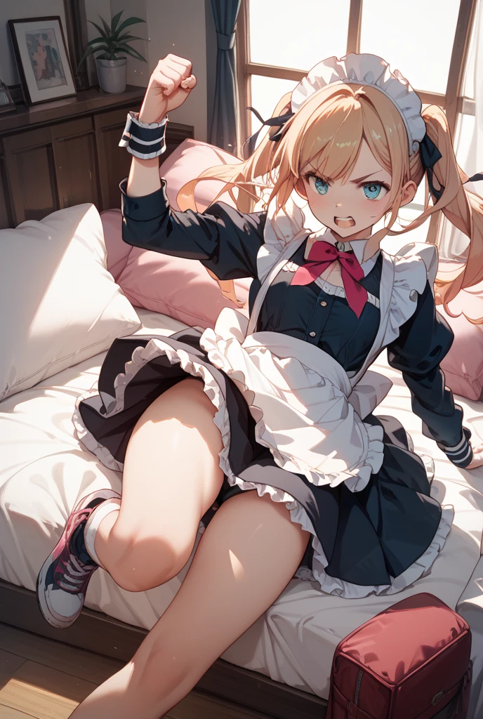 Noelle Francesca 3, 1girl, apron, bed sheet, blonde hair, blue panties, blush, bow, bow panties, buttons, closed mouth, clothes lift, collared dress, dress, dress lift, frilled apron, frilled dress, frills, green eyes, lifted by self, long hair, looking at viewer, lying, maid, maid headdress, on back, panties, pink thighhighs, ponytail, puffy short sleeves, puffy sleeves, short sleeves, sidelocks, solo, striped, striped dress, thighhighs, underwear, wrist cuffs (NSFW:1.5)