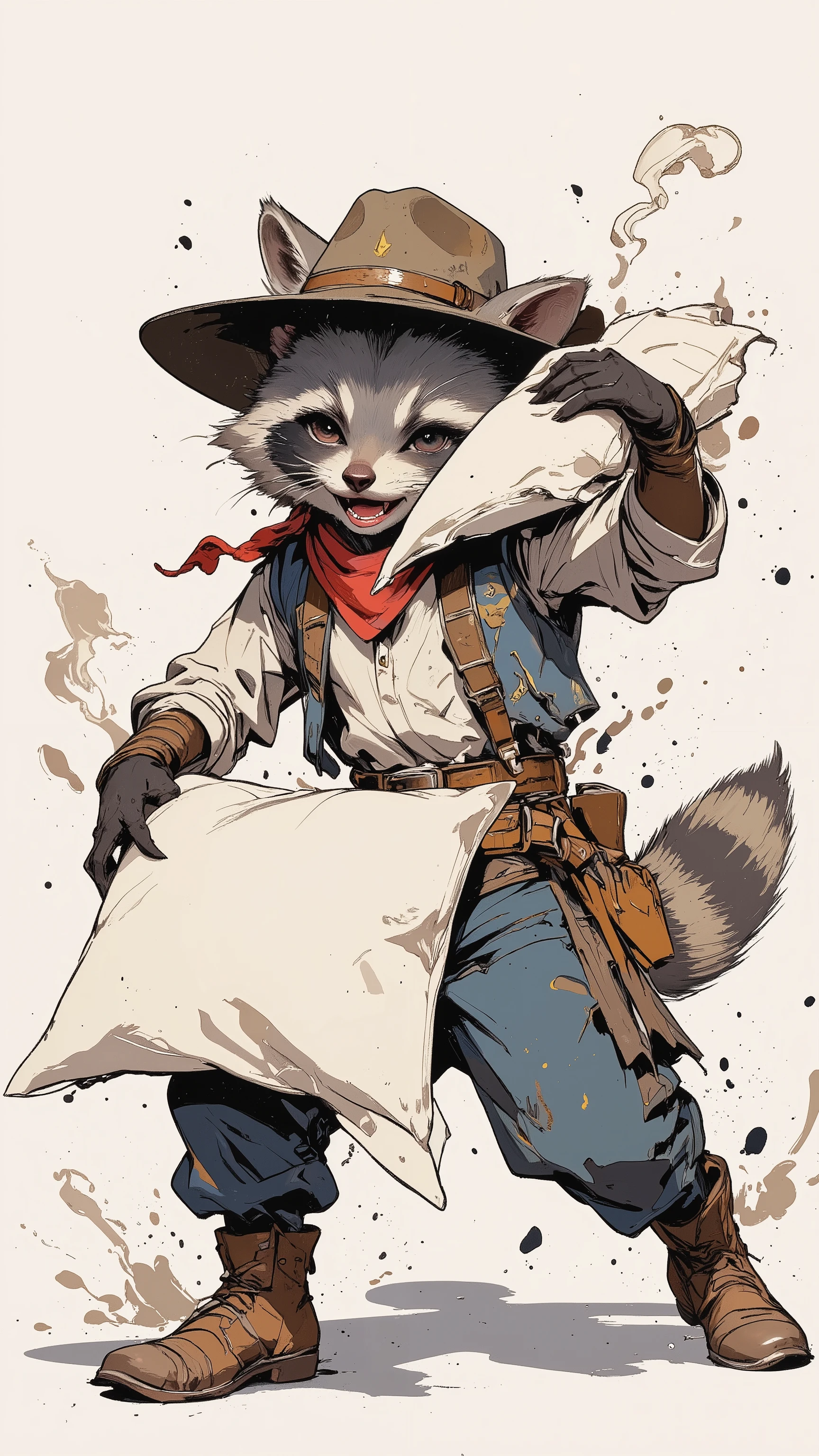 (best quality)))、(super high image quality)、(Super Detail)、(detailed description)、(Best CG ))、(masterpiece)、ArsMJStyle、(ink painting style) ,(from behind:1.2),raccoon ,cowboy shot,white back ground,pillow fight