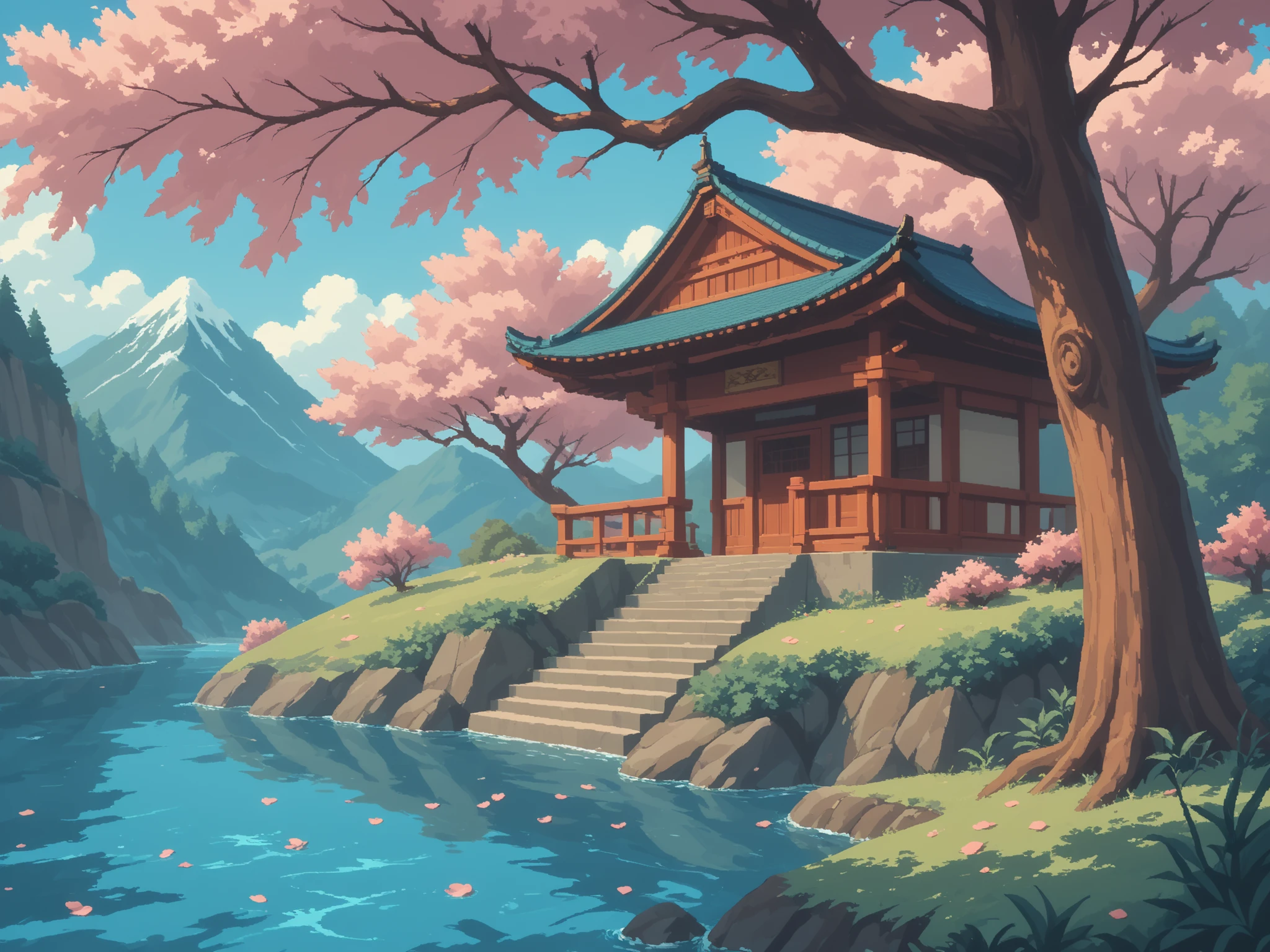 "Pixel art scene of a serene traditional Japanese landscape, with blooming cherry blossom trees (sakura) gently shedding petals. Include a small torii gate near a tranquil river, traditional wooden houses with curved rooftops, and distant misty mountains. Warm sunset colors reflecting on the water, with tiny animated details like falling petals and rippling water. Inspired by classic 16-bit and 32-bit pixel art aesthetics, with rich yet soft color palettes typical of Japanese nature art."