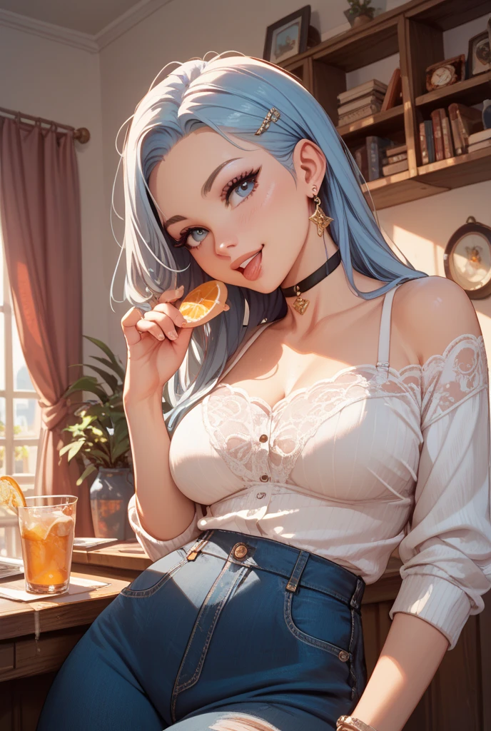 Best quality, Masterpiece, Portrait, Perfect anatomy, Femininity, Cool, Flawless, , Solo, Sexy, Stylish, Mature, Purple eyes, Long light pink hair, Mole above lip, Red lipstick, Big breasts, Outfit, in a cafe with girl with light blue hair drinking coffee