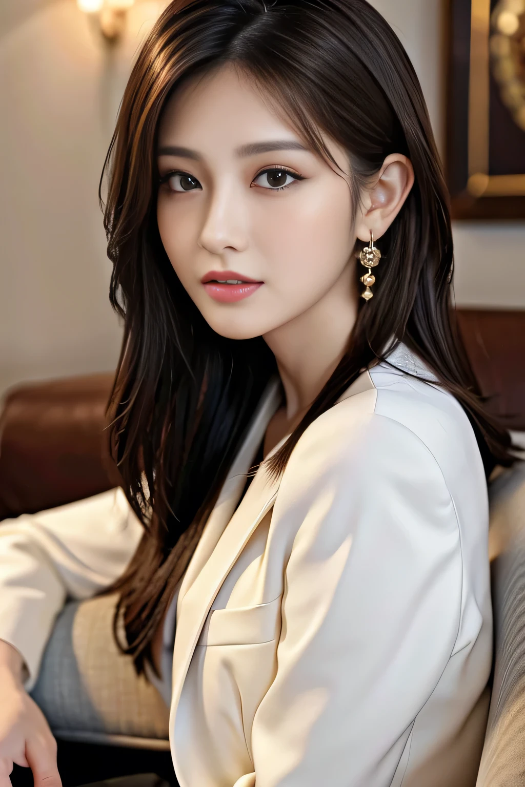 masterpiece, highest quality, Realistic, Very detailed, Finer details, High resolution, 8k wallpaper, One beautiful woman, Wear a dressy black see-through collared shirt, In a great restaurant, At night, Light brown messy hair, Perfect dynamic composition, Beautiful and beautiful eyes、Big earrings