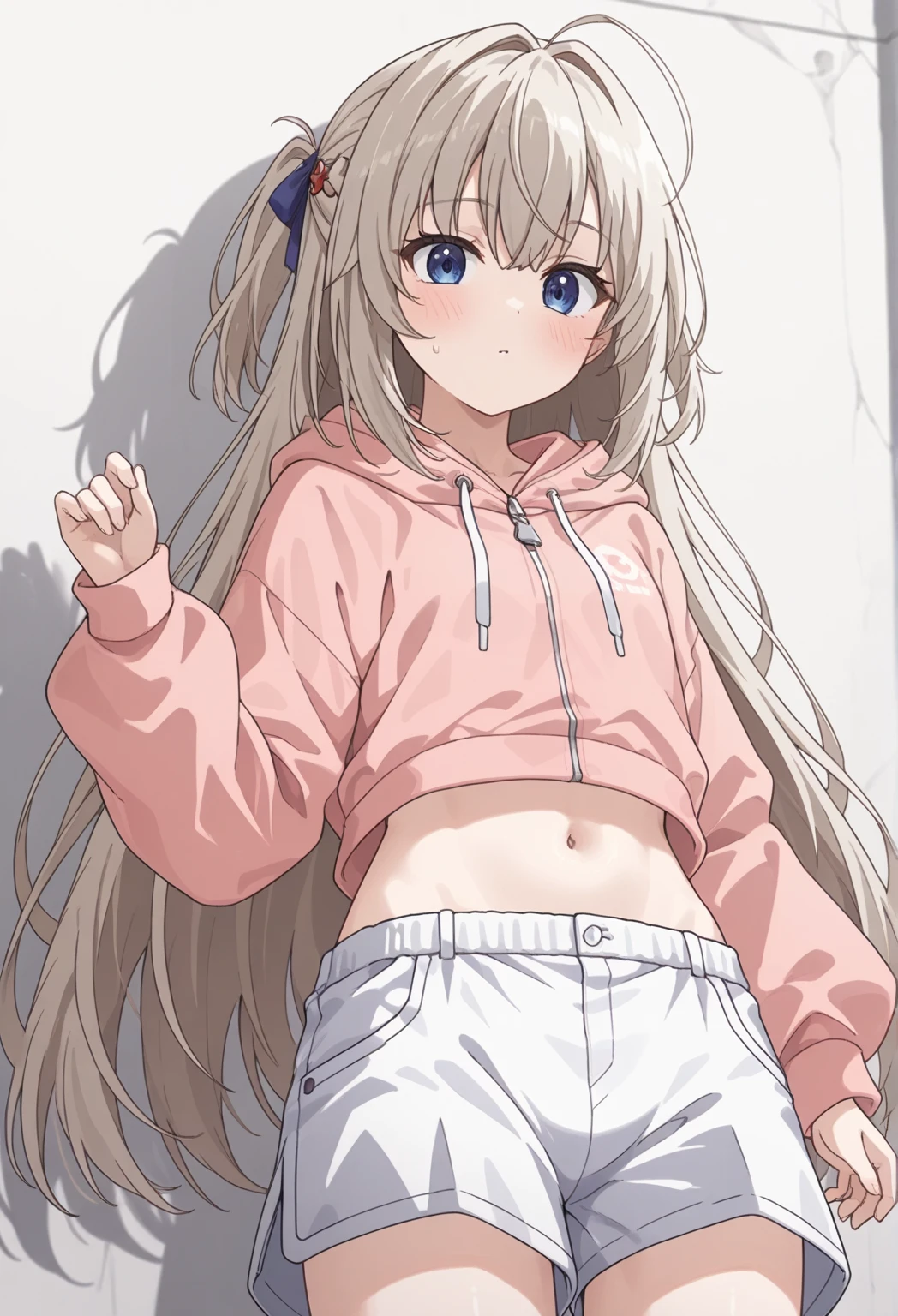 1Girl, ( light brown hair :1.5), (gray eyes:1.3), (big eyes: 1.1), (sagging eyes: 1.5), (very long hair:1.1), hair between eyes, cyan long-sleeved hoodie, white T-shirt, dark blue shorts, white sneakers, (flat chest), (straight hair), very short, only , droopy eyes, wearing a jacket, 11 years old, wearing a jacket,, (short height:1.3), young face , sleepy face, smooth straight hair, locker room, ,(show off bra:1.5), a bra.