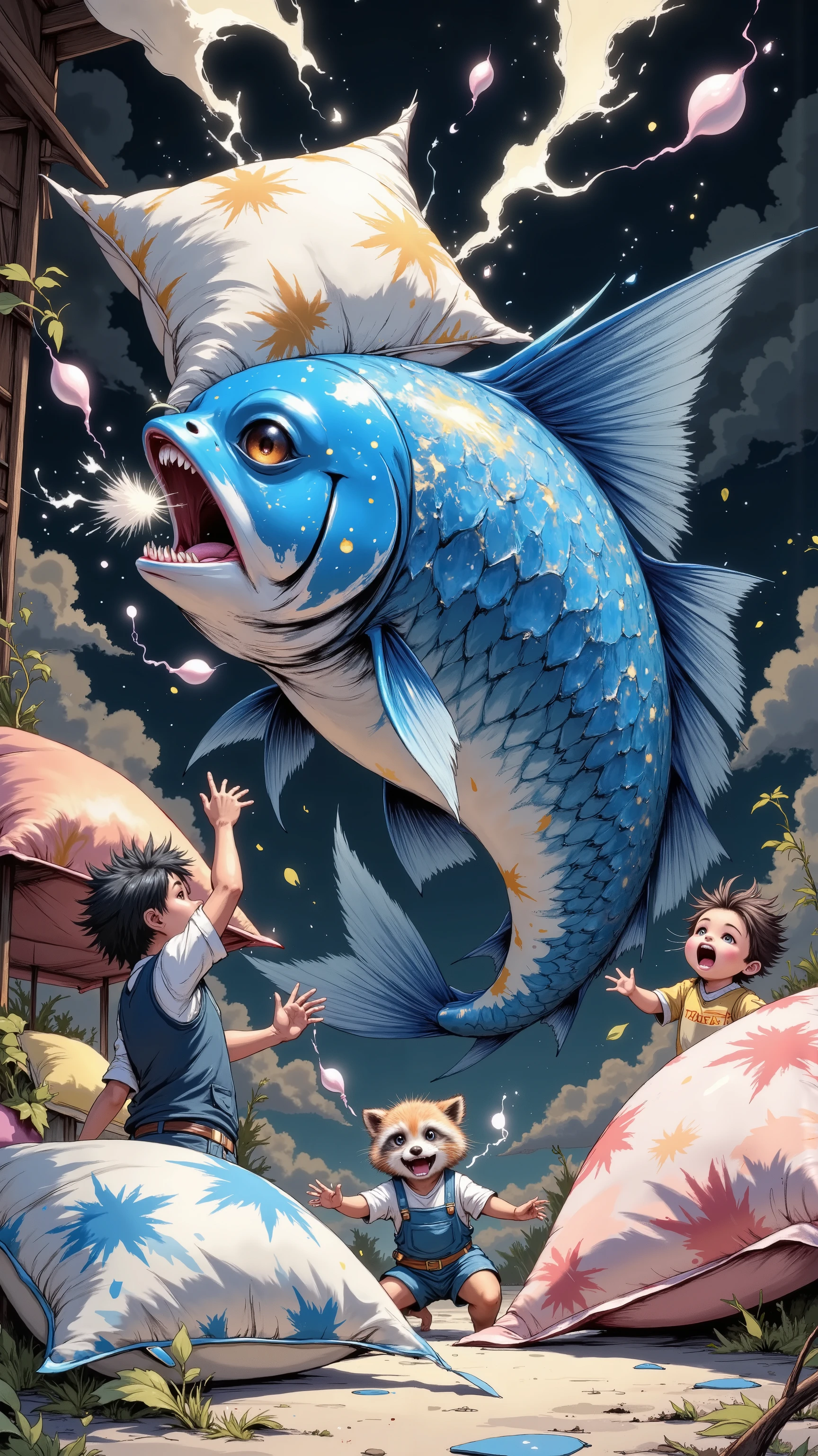 Big fish,in a dynamic motion,pillow fight