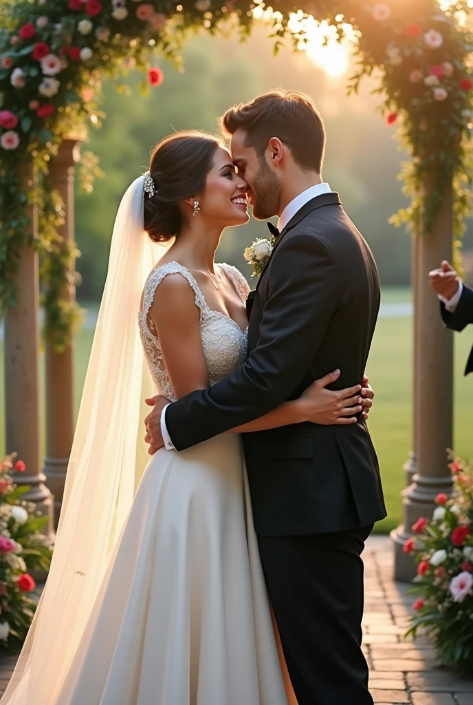 A touching moment captured on the wedding day of a brave policeman and his beautiful bride. The policeman , dressed in his pristine uniform, stands tall with a confident smile. His bride, adorned in an exquisite wedding dress, looks into his eyes with love and joy. The bride holds a bouquet of vibrant flowers, complementing the colorful scene. The venue is a picturesque garden, filled with blooming roses and lush greenery. Soft sunlight filters through the trees, casting a warm glow on the couple. The atmosphere is filled with happiness and anticipation, as friends and family gather to witness their union. A professional photographer captures this precious moment, freezing it in time. The style of the image is a classic wedding photography, shot with a full-frame DSLR camera using a prime lens to capture the details and emotions perfectly.