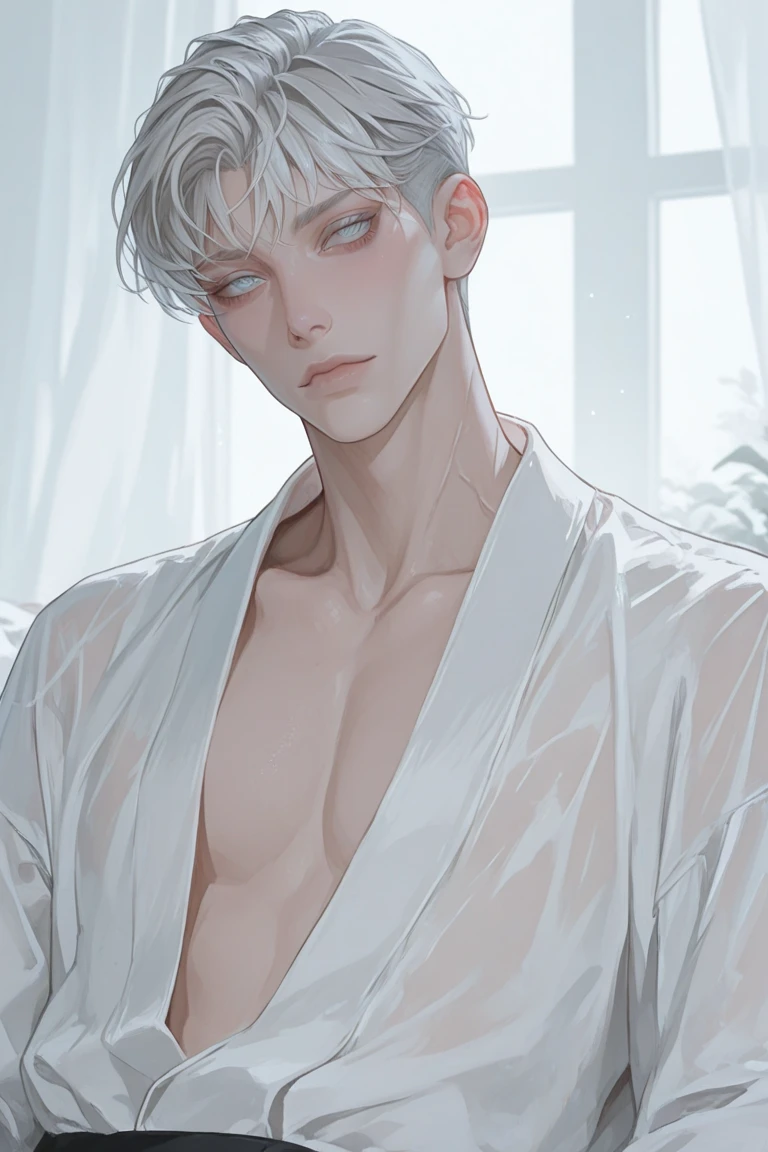 1 man, Hospital room, Casual style, white shirt, white hair, blue eyes, tear, Less body exposure, sad, masterpiece, high quality