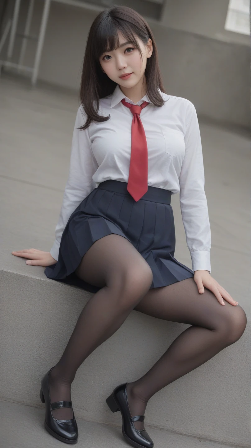 (8K、top-quality、masterpiece:1.2)、(reallistic、Photorealsitic:1.2)、 Phenomenally cute girl、14years、sitting on、(((pantyshot)))、(((Spread your legs apart)))、独奏、Classroom、watching at viewers、(Sit up:1.5)、In the school、Chest that looks like it's going to burst、Fine and beautiful eyes、)、(Dark blonde hair:1)、(short-hair:1.1)、pantyshot, Spread your legs apart, skirt by the, student clothes, white panties, sockes, A dark-haired, The shirt, bblurry, blurry backround, knee high, white shirt, lowfers, life-like, length hair, s lips, Brown-eyed, Black socks, neck tie, pleatedskirt, the bow, head rest, looking to side, plein air, Brown Footwear, masterpiece, top-quality, ultra-detailliert、(((pantyshot)))、(((Spread your legs apart)))、Inviting eyes、