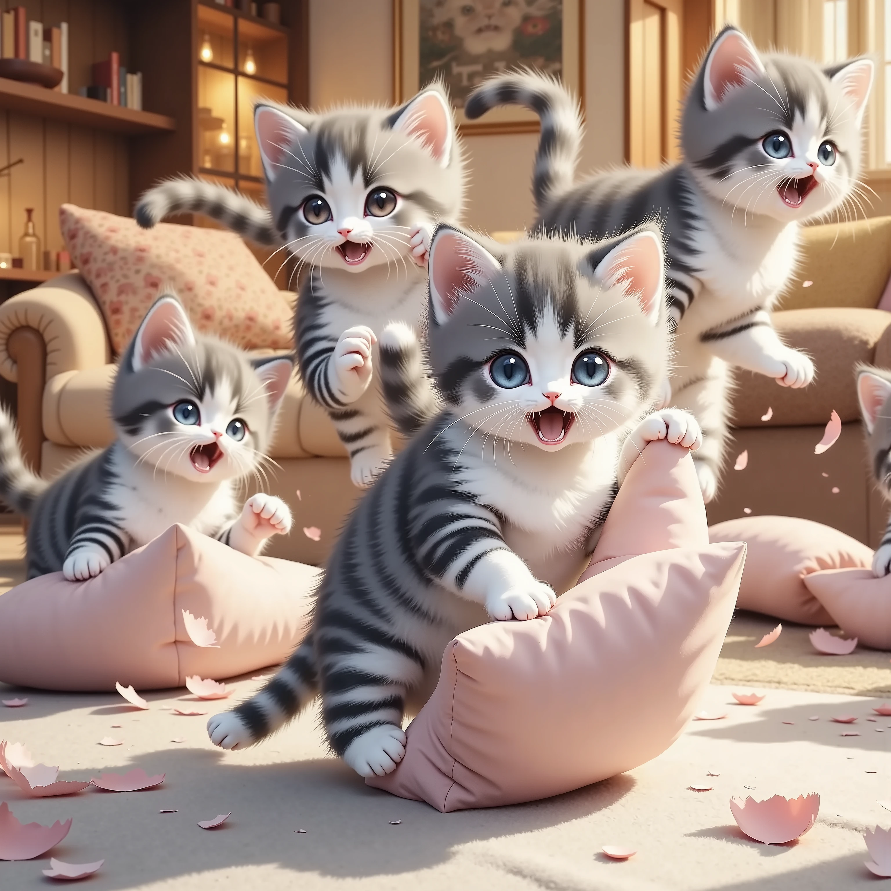 cats, pillow fight,in a dynamic motion