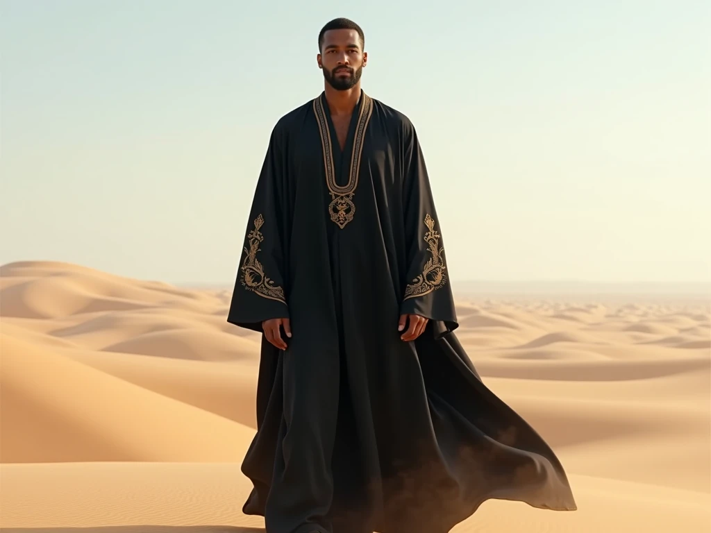 Dark-skinned prince with an Arabic style around 40 years old. In light clothing and a toned body