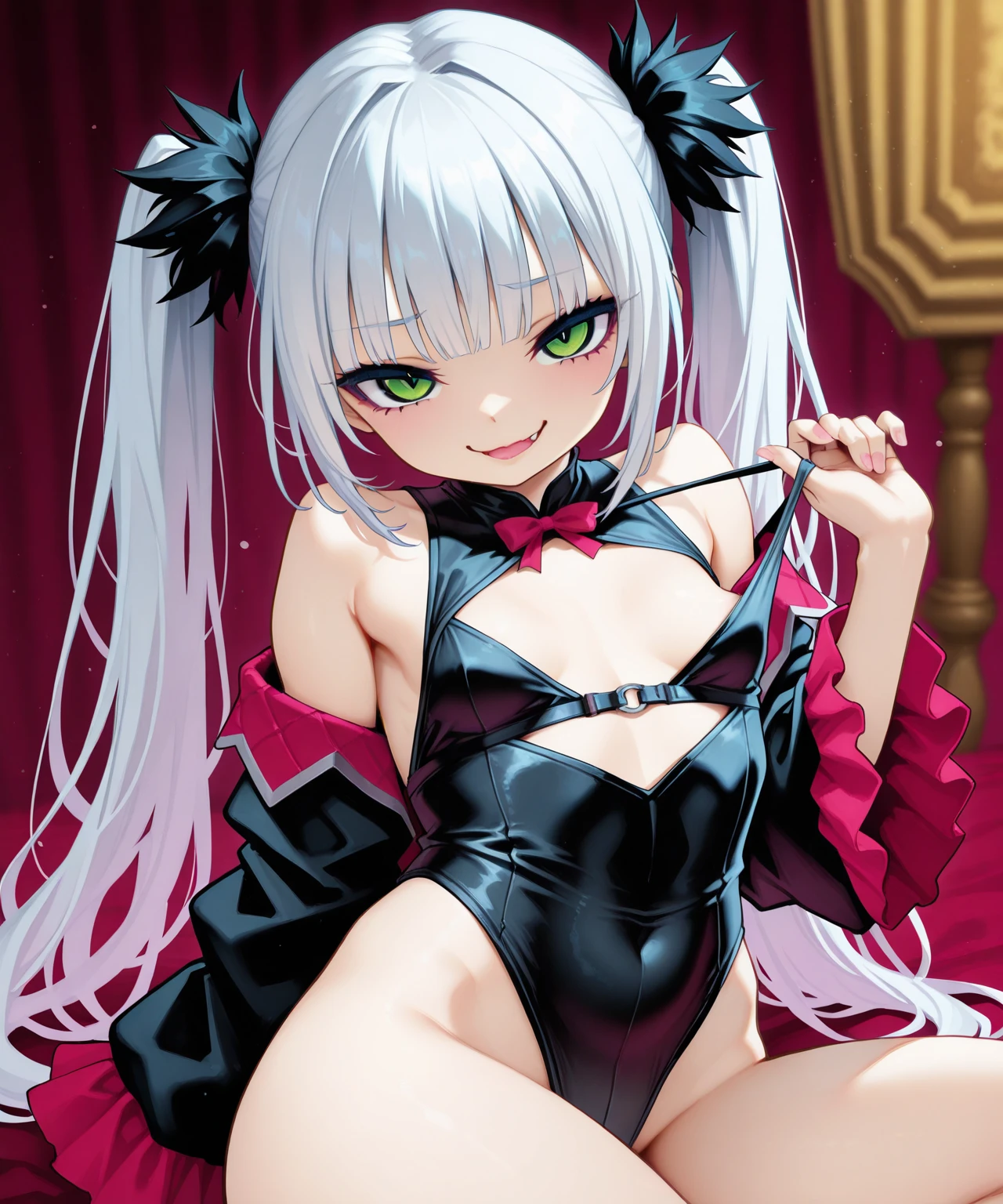 Tachi-e, Spiel CG, Sehr detaillierte und realistische CG, bunt, Meisterwerk, Best quality, Juwelenartige Augen, 1girl, Allein, schwarzes Haar, shiny hair, Langes, glattes Haar, very long twin tails, slender, Thin legs, Succubus Girl,Succubus-Costume, Hot Pants, Succubus-Stiefel, Aquablaue Augen, flache Brust, Separate sleeves, Grinsen, smile, jitome, halbgeschlossene Augen, Tsurime, einfacher Hintergrund, aus POV, Eyes of the best quality, sharp teeth, tsundere, kontrastiert, Beine spreizen, hand on hip, (shiny skin:2.0), Succubus-Kopfschmuck, Sukkubusflügel, Succubus-Schwanz, Nabel, Nabel, mesugaki, neckisch, smug, sweet girl, , offener Mund, fangs, Zunge raus, spitze Ohren, Herz-Tattoo,