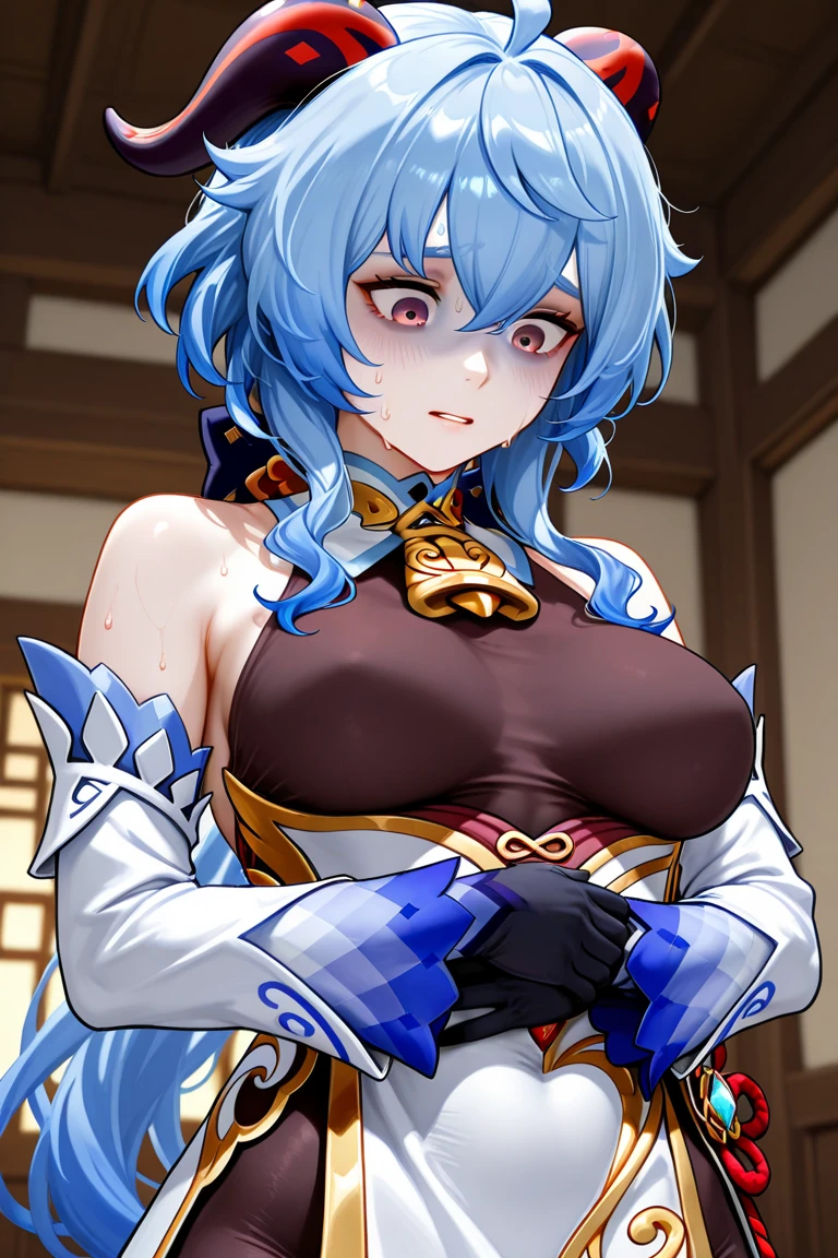 ganyu, ganyu \(genshin impact\), 1girl, solo, sblack gloves, bare shoulders, breasts, elbow gloves, sketch, neck bell, blue dress, alternate costume, detached sleeves, nude, red gag, Blushing, frowning, Bondage and BDSM, Whole body, kneeling position on the floor, Ball Gag, red gag, Arms behind back, arms tied, bdsm, bondage, bound, bound legs, shibari, rope, spread legs, barefoot, arms behind back, bondage shibari, saliva, drooling, excessive saliva, pussy vibrators, Takate Kote, Panting, ((Blindfolded eye, Blindfold around the head )), Cat position, Nipple piercing, Nanao Yukiji style,
