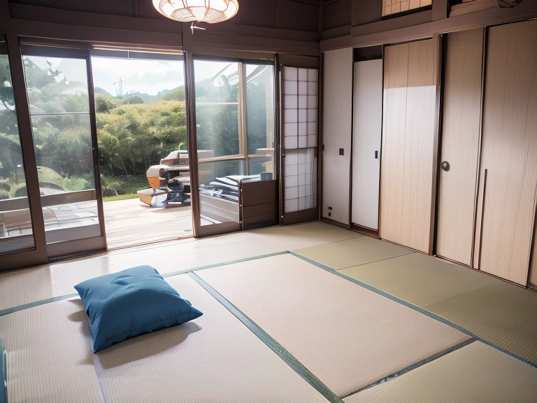 Pillow Fight, 3girls,Junior Student,Blue Skirt,White Shirt,Lora:0.5,cute face,Wearing glasses: 0.3,Hair color is random:(black, light black, dark brown, brown),hairstyle is random:(Bob hair, Braided hair, Straight hair, Twin tail hair, Side tail hair, Ponytail hair, Short twin tail hair, One side braided),Each person's height is random:(145-160cm),(Throwing pillows or holding pillows),),Thrown pillows:(super speed, running, electricity, motion blur, light trail,),(Background, 12 tatami Japanese room, scenery, tatami, sliding door, indoors, 6 to 12 pillows in the image),The image of the illustration is fun, powerful, and lively,
The composition is powerful and bold,The room and people are seen from a slightly above-ground angle,score_9,score_8_up,Qscore_7_up,source_anime, masterpiece, 8K, CG, uncensored,detailed background,detailed face, detailed eyes,high quality  image,