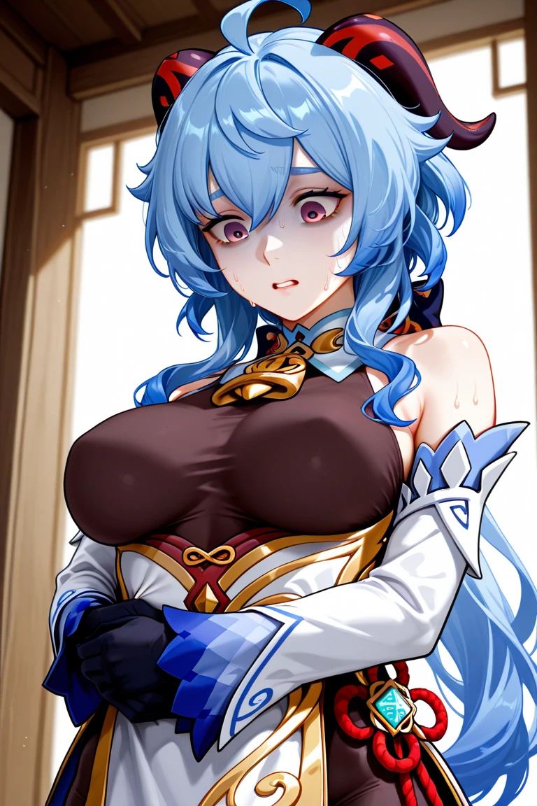 (photorealistic:1.4), (masterpiece, sidelighting, finely detailed beautiful eyes: 1.2), masterpiece*portrait, realistic, 3d face,
ganyu \(genshin impact\), 1girl, ahoge, architecture, bangs, bare shoulders, bell, black gloves, black pantyhose, (blue hair), blush, breasts, chinese knot, detached sleeves, flower knot, gloves, horns, long hair, looking at viewer, medium breasts, neck bell