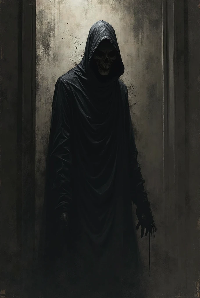 Dark room, picture of the grim reaper on the wall, blood, Arabic 