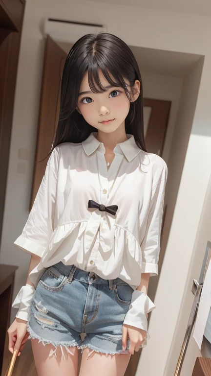(Best-quality, Masterpiece, Ultra-High-Resolution, (Photorealistic:1.4), Raw Photo, depth of field, professional lighting, perfect anatomy, extremely details), 1girl, 12-years-old, the most famous Japanese idol, cowboy shot, ((In Adorable room, Adorable decor, detailed Adorable-room, detailed Adorable-decor)), (((wearing cute-lacy childish-clothes with cute-design, (upturned childish-ass))), (extremely cute childish-face, (extremely cute and extremely big childish-eyes), extremely cute childish-skins), extremely cute childish-hair, extremely cute childish-eyelashes, extremely cute childish-lips, extremely cute childish-body, looking at viewer, innocent smile, dynamic pose