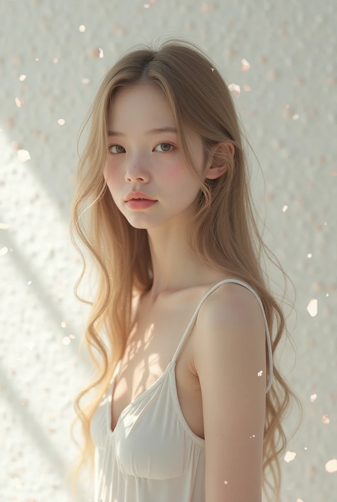 laos teen rhytmic gymnast girl, 1 girl, age 18, skinny,thin thighs, tall (160cm) ,full body shot,model body, skinny ballet model, ballet model, ((looking at viewer)), naked, the model is standing , front shot, (pale skin), (big eyes), face forward, blond pink hair (long shiny ponytail hair) , (looking at viewer:1.3) very slim, cowboy shot, simple background
