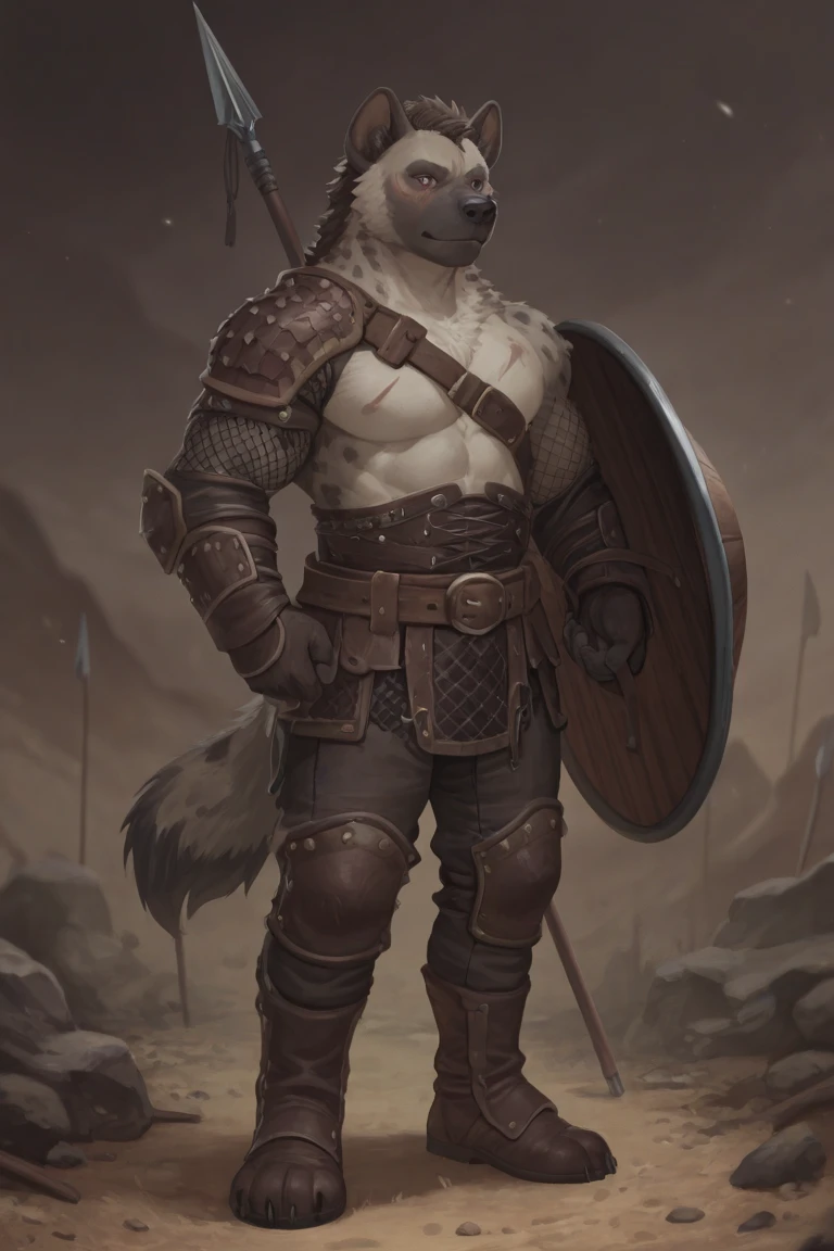 Solo Sexy young anthro furry wolf male mercenary medieval solider, slim endomorph muscular, anthro handsome gay shorter muzzle, handsome gay model male apperance, sword scars, worn out leather skimpy armament, low on hips heavy leather belt, old very worn out skimpy dirty linen material jockstrap, old yellow dirty worn out stains on white sawn jockstrap, very visible "x" brown seam pattern on the jockstrap, studded skimpy armlets breastplate armor, skimpy breastplate, leather bondages, fingerless leather gloves, smelly unwashed furr, dirty body look, desert battlefield, standing in sexy fighting position, close view of full character