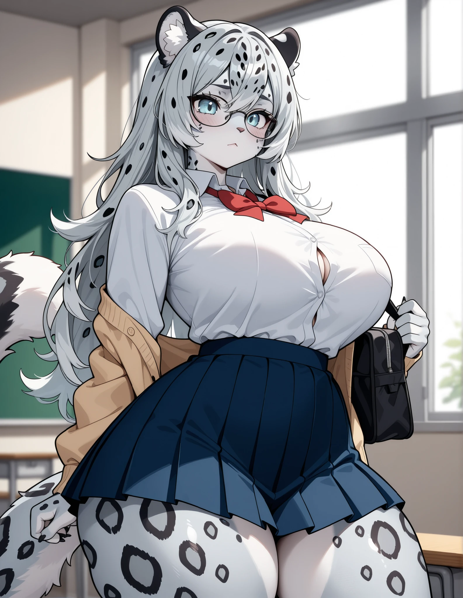 1 girl, long black hair, fox ears, only fox ears, crimson eyes, extremly detailed, blushing, huge breasts, sexy and seductive, wearing school uniform, skirt, classroom, tall women, long flufy nine fox tails, thicc thighs, wide hips, smile, horny, absurdes, high res, ultra sharp, 8k, masterpiece, looking at viewer