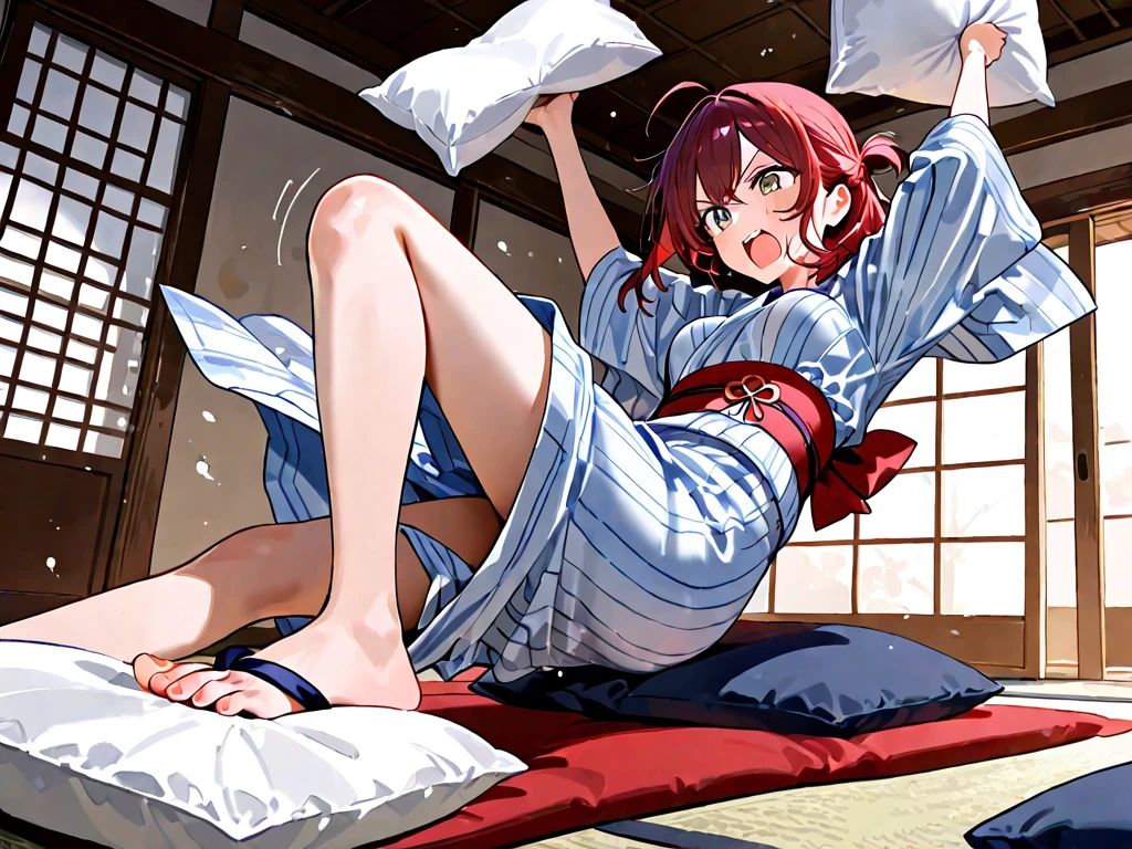 Beautiful girl wearing a short yukata with a white and red hem is squatting and touching her hair with one hand, looking at the camera, ((((background blur))), sandals with nose cords, bare feet, cotton underwear,
