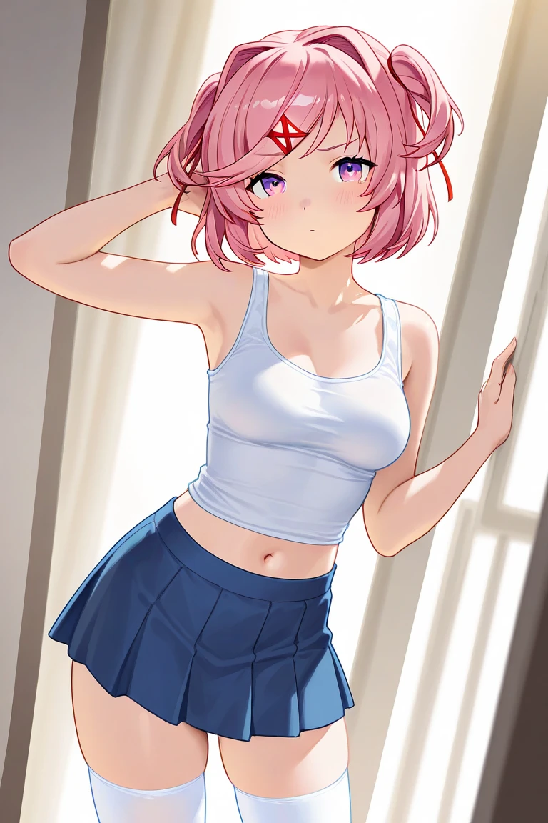 ((Best high quality:1.2)), (8k), extremely detailed, ((High detail:1.2)), Sakimi-chan style, 18 years old female, ((micro-skirt, transparet blouse)), ((medium breasts)),