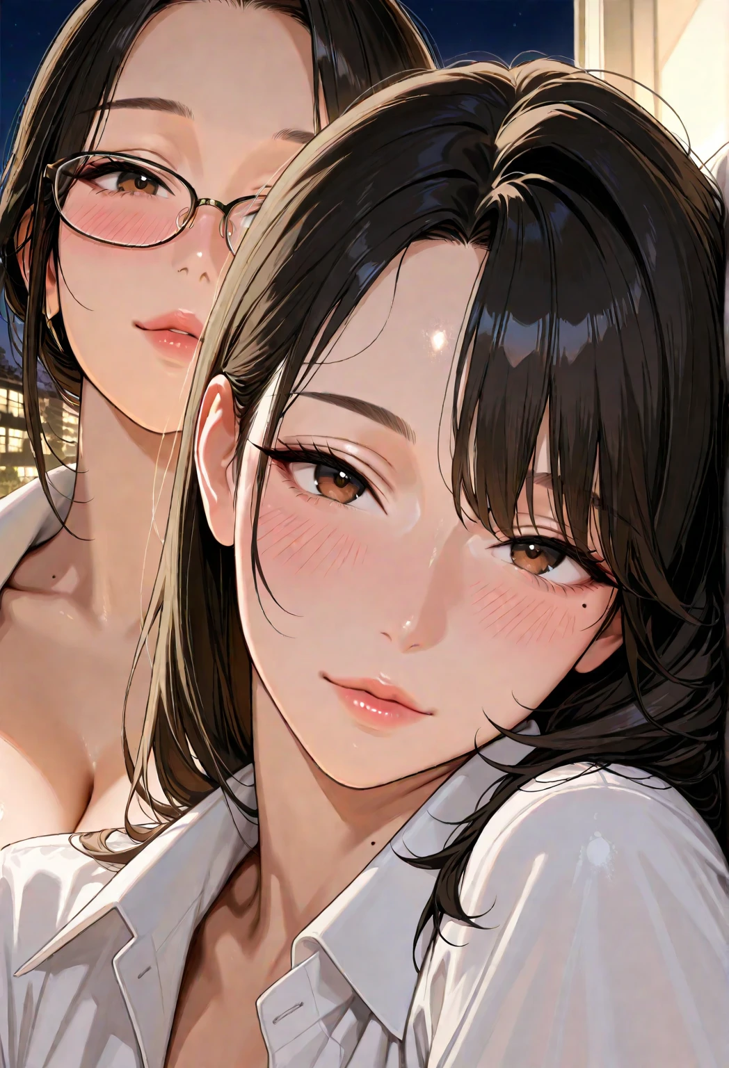Hot sexy beautiful women , perfect body, detailed lips rings ,black  hair,black eyes, wearing white sun glasses , detailed , big silver chandelier earrings, smiling, necklace , red lipstick ,hair ponytail ,red flowers brochure,red gown,one girl