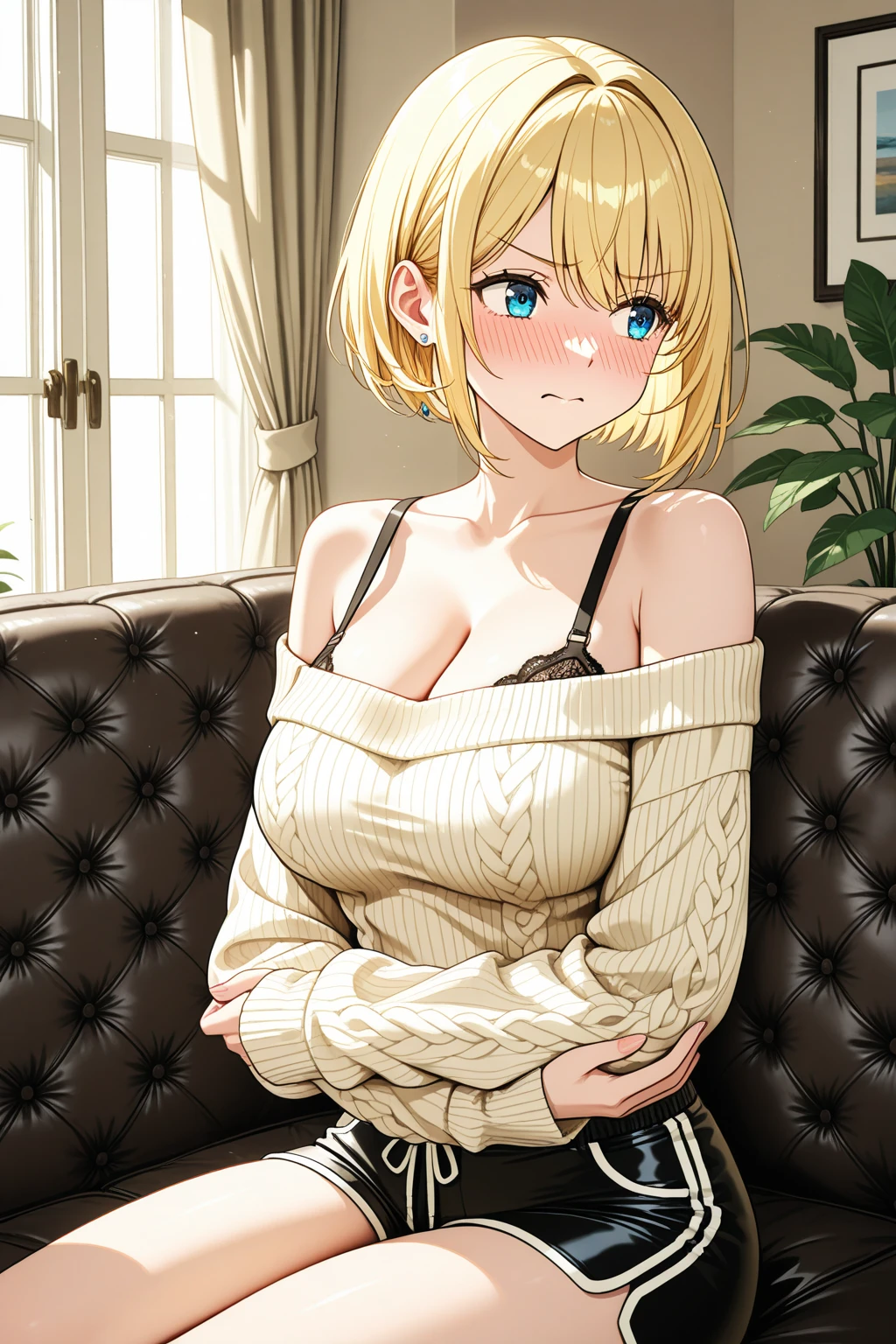 (NSFW)、((Highest quality、Very detailed、Beautiful lighting、Very detailed顔、Very detailed目、Depth of subject、Prime Lenses、masterpiece))、(Blonde、Blue Eyes、short hair、Wavy Hair、hairpin、Earrings、necklace、bracelet)、(Beautiful legs、Large Breasts)、(((white tight sweater、turtleneck、Black Stockings、High heels)))、((Sweating profusely、Wet))、(((Body odor)))、(Detailed Background、London cityscape、Full body photo、Magazine Snaps)、The best smile、((Sweat stains))、Black panties、(((Love juice drips)))