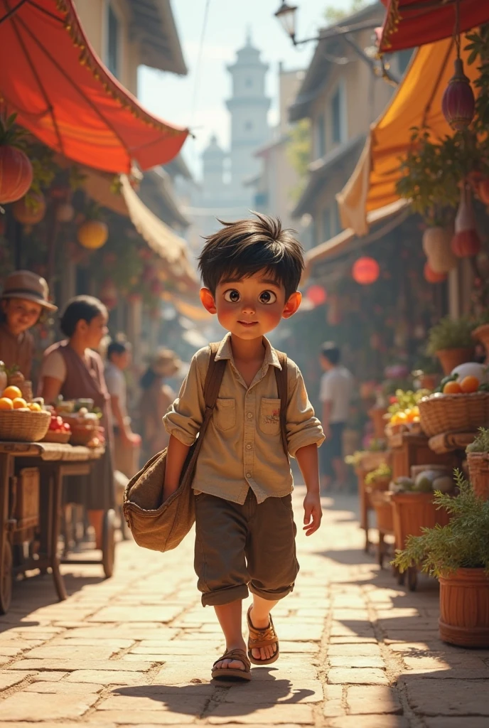 A Chinese child carrying a basket of eggs in his hand and walking on a city street in the hot sun and heat