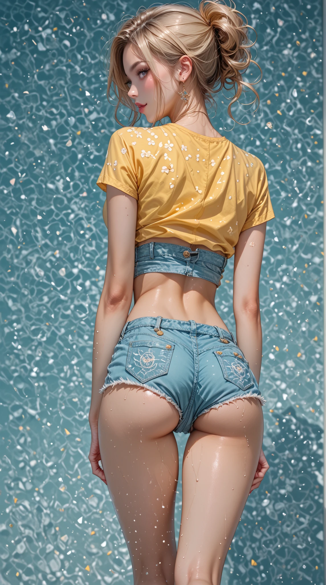 1. Angelic Woman, (European Caucasian), White shirt, Ripped jeans, 薄dark, dark, despair, rage, movie, tears, (Torn clothes), (Wet clothes), Exposing shoulders, Real Rain, Wet Hair、masterpiece, 最high quality, high quality, High resolution,(((Ass close-up)))