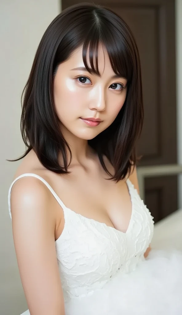 (8K、Raw photo、highest quality、Masseter muscle part:1.2)、super detailed、super resolution、(realistic、realistic pictures:1.37)、Portrait、High-definition RAW color photo、professional photography、hvery detailed and beautiful、very detailed、8K image wallpaper、amazing details、huge file size、official art、Hvery detailed CG Unity 8K wallpapers、very detailed美女、very detailed顔、very detailed目、very detailed肌、very fine fingers、hvery detailed nose、very detailed詳細な口、perfect anatomy、detailed background、detailed clothing、1 girl、30 generations:1.4、Beautiful woman、realistic body、、white skin、glowing skin、Because I'm slender、handsome body、black haired、short hair、(dull bangs: 1.2)、shy smile、cute、cute faces、lifelike face、delicate eyes、See-through、earrings、look at the camera、cowboy shot、positive、standing athletic pose、contrapo、dynamic lighting、medium breasts、beautiful feet、gravure、full body shot,negligee,showing cleavage,Lying down,full body portrait