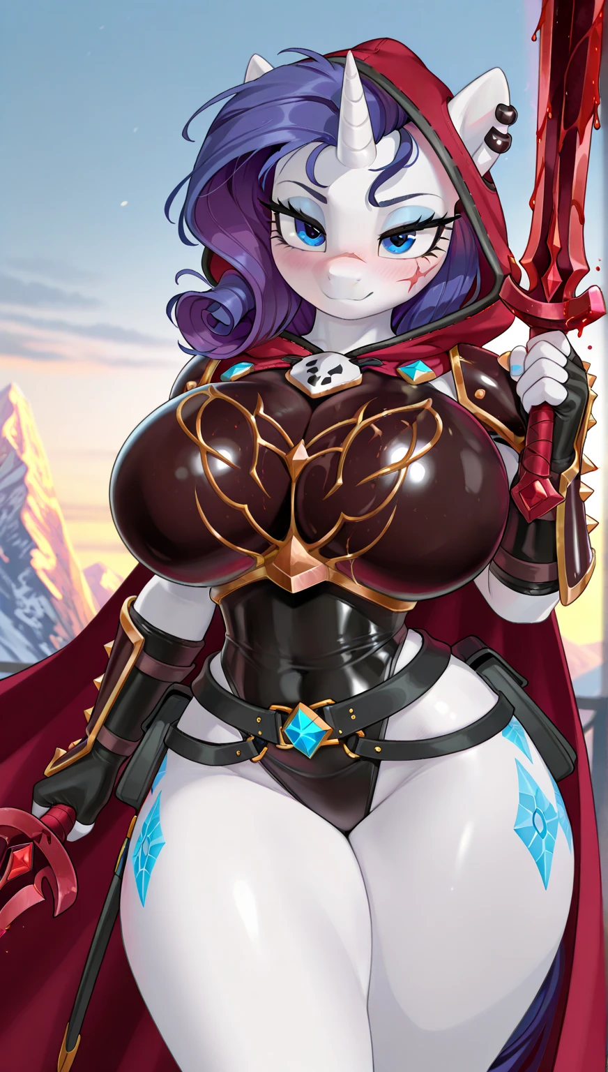 1girl, eye make-up, viking dress, viking armor, red and purple hair, long under cut hair, green eyes, lips, mouth open, large breasts, cleavage, leaning forward, downblouse, one breast out, nipples, 1man, large penis, testicles, pov, (fellatio, oral), deep throat, cum, outdoors, snowy mountain, castle