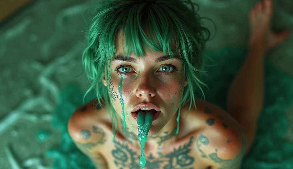 Long shot full view of woman lying in pool, attractive delicate and beautiful woman with freckles gray-green eyes long black hair with neon green and orange highlights piercing tattooed dressed in a white bikini barefoot playing with her hair biting her lip hand on her mouth playing with her hair