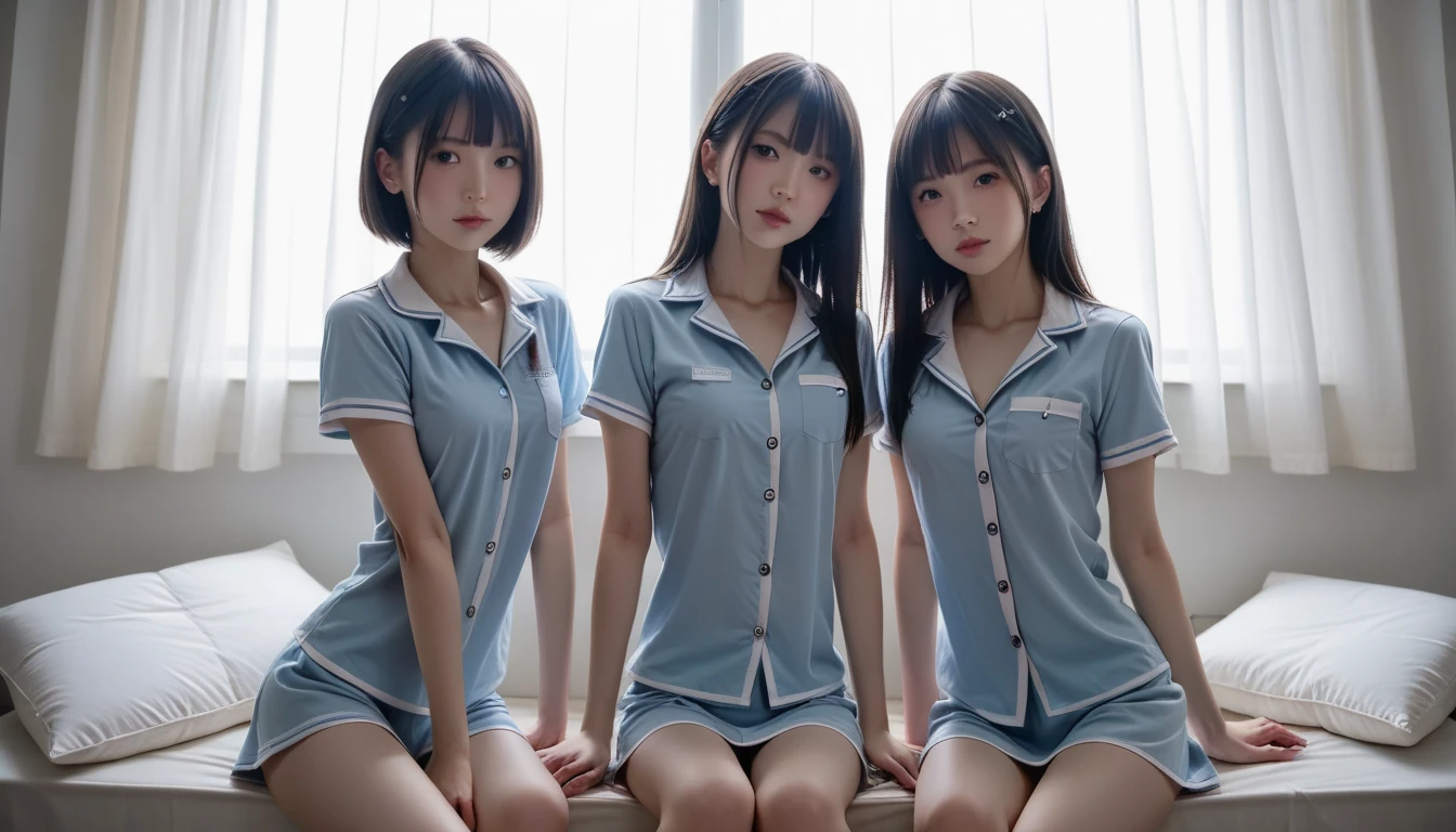 A beautiful and innocent high school girl and some  high school boys, While lying in bed in uniform, She is molested by a high school boy who sneaks into her bedroom.., Her uniform is torn、Underwear is exposed, A beautiful girl with a baby face like an idol, Terrified, pleading for help, Disheveled Hair, Beautiful Eyes, Ultra-high resolution, Clear white skin, Slender body, Japanese, Anatomically correct