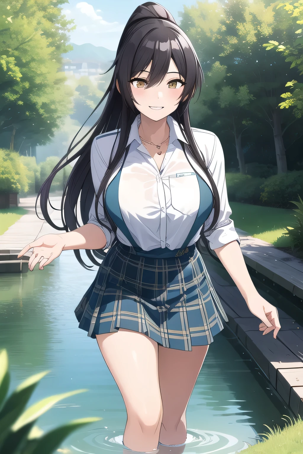 I'm drawing a smiling adorable woman bathing in the woods,black hair long hair ponytail,uniform ,Please describe her hands and feet accurately,20-year-old adult female,face is absolutely necessary,Can you draw a blue micro bikini with big breasts and a thin waist,,Bathing in the woods、I'm drawing a smiling adorable woman bathing in the woods,Can you draw a dark blue pleated skirt,please draw her expression more delicately,Walking Alone, city tour ,,