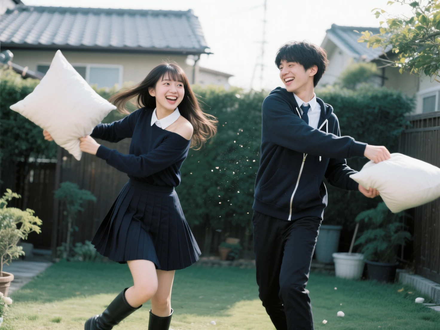 Photo of a young japanese couple. The female is wearing a white shirt with Navy collar, navy tartan skirt, red ribbon tie, black socks, and black sneakers. The male is wearing a gakuran. They are seated on a grassy field with blue cloudy sky in the backgroound. The male sits on the right of the female, playing an acoustic guitar. The female are leaning to the back with her hands on the ground, smile and looking at the distance. 