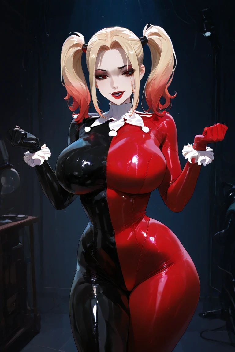 ((1girl)),((alone)),harley quinn,(masterpiece), (best quality), (ultra detailed), (best illustration), (best shadow), (absurdities), sharp focus, cowboy shot , dynamic posture looking at the viewer, medium breasts, narrow waist, wide hips, wide thighs, round butt, erotic, romantic, (very detailed eyes, lips 1.1), very detailed eyes, eyes, Very detailed face, Very beautiful face, height full, beautiful slim figure, femininity, expressive appearance, elastic medium breasts, sexuality, blue eyes, black lips, black mask, domino mask, hat, jumpsuit, multicolored jester costume, red and black costume, details with red and black rhombuses ,white collar, red and black jester cap, makeup, white face paint, white wristbands, red gloves), (makeup), curves, :D, nail polish, defined body, perfect and beautiful body, perfect and beautiful, mouth closed,smile,evil smile,blushing, (sexy pose: 1.2), ((solo)), standing: 1.3, exterior, cityscape,alley, city,night, dark city,city lights,,looking forward, ((focus on hips)), point of view: (from below), perfect anatomy, perfect hands