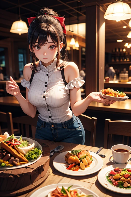((((1girl,standing putting plates full of food on table, spread pussy, dripping pussy juice)))),dutch angle,(masterpiece, top quality, best quality, official art, beautiful and aesthetic:1.2),((( small breasts))),gray lob,((parachute pants with breasts exposed)), extreme detailed,highest detailed, playful patterns, lively texture, unique visual effect, (((visible nipples))),(american buffet restaurant),(((visible pussy with pubic hair)))