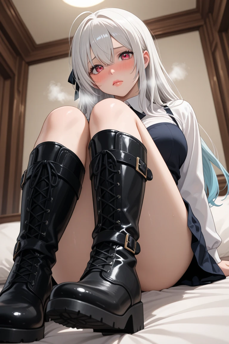(((1 girl)),ray tracing,(dim lighting),[detailed background (bedroom)),((silver hair)),((silver hair)),(Fluffy silver hair, plump slender girl)) with high ponytail)))) Avoid blonde eyes in the ominous bedroom ((((Girl wears intricately embroidered black high-waisted pants with pantyhose) and white ruffled bow gloves), showing a delicate slim figure and graceful curves, correct limbs, sitting on the bed