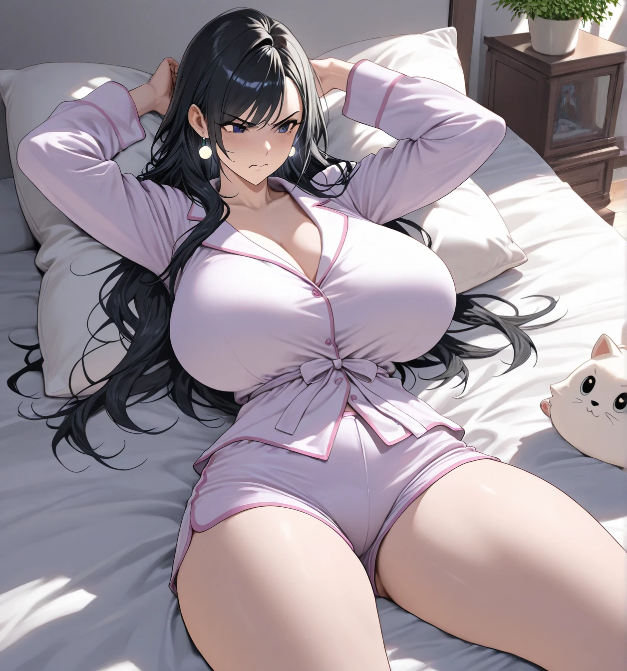 (Masterpiece, High Quality, 1 woman - Hyuuga Hinata, Olive oil slicked, shiny, wet, sweating skin, Huge Breasts, White silk, long-sleeved, buttoned-up shirt, Full body shot, Laying on bed, Shot from above)
Hyuuga Hinata's olive oil-slicked, shiny, sweaty skin glistened under the soft candlelight as she lay on the bed, her huge breasts heaving with each breath. Her white silk shirt, with long sleeves that concealed her forearms, was buttoned up to the neck, revealing only a hint of her cleavage. The full of Lust, Dark smokey Eyes, red Lipstick
