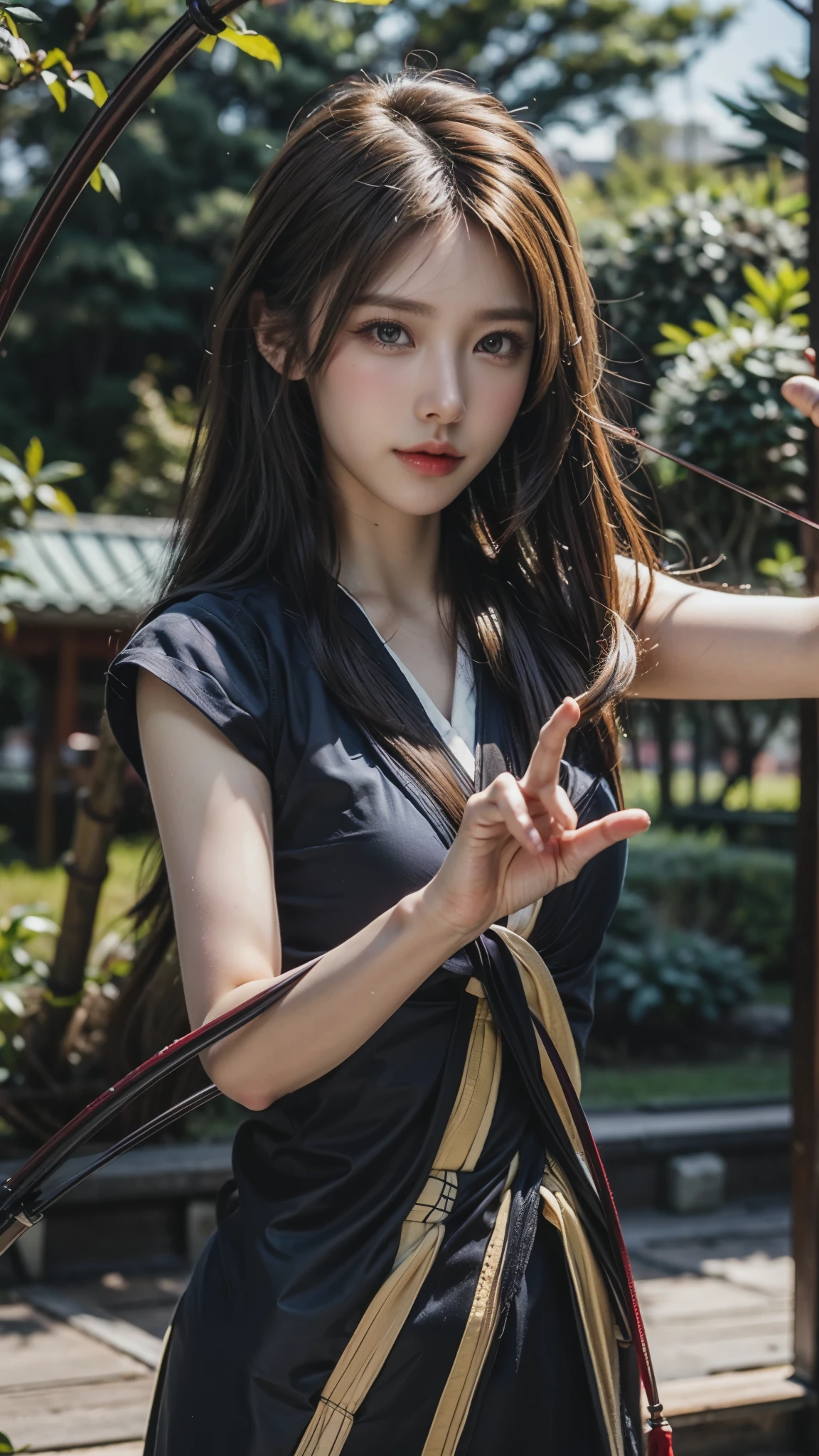 20Year、beautiful,、Cute Girls、warrior、dragon tattoo on body、Hold the Japanese sword in front of your body、Draw and hold the sword、Sharp eyes、Red blood on cheeks、In the woods、