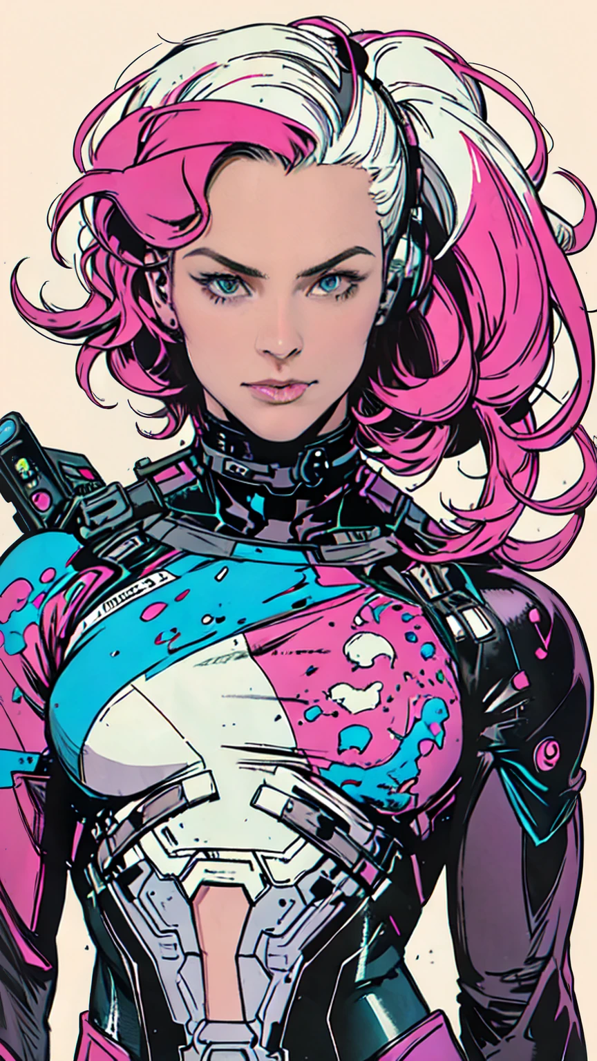 (((Pink and dark blue Suit))), (((devilish smile))), (((melhor qualidade: 1.4))), (((Pink hair))), (((DuneWalker))), (((post-apocalypse))), (Unbeatable masterpiece), (hiper HD),(CG 8k hiper-realista), 1Garota armada em um mundo futurista usando roupas coloridas e modernas. Corte de cabelo ultra moderno, perfect body with robotic parts, seios grandes, bunda perfeita, muscles without exaggeration, rosto lindo com olhos azuis penetrantes, add textures to clothes and create something different from the usual, add accessories like garter belt, espartilho e luvas com listras, pele bronzeada e com brilho de molhado, industrial environment with giant heavy machines, Intricate machinery and giant robot parts