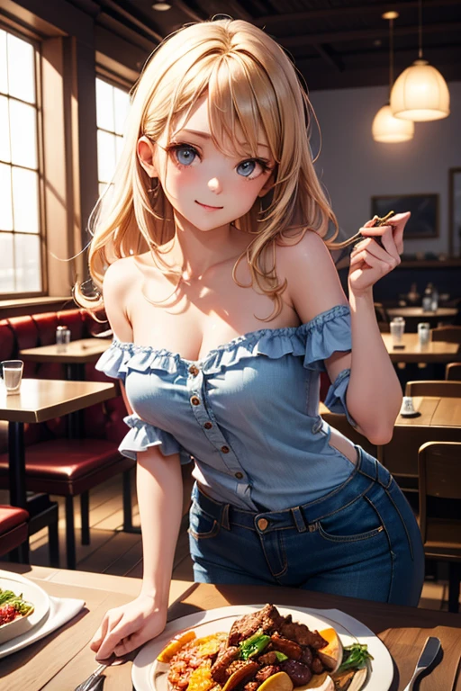 Anime girl sitting in restaurant with a beer, seductive anime girls, drawn in anime painter studio, anime best girl, The anime girl is named Saber, anime visual of a cute girl, attractive anime girls, made with anime painter studio, Also, Blonde anime girl with long hair, Detailed digital anime art,photorealestic,Real Human,Realistic painting style