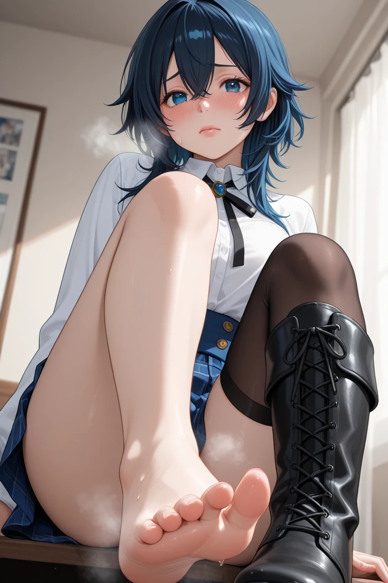 anime girl with blue hair and black stockings sitting on the floor, | fine detail anime, anime girl, fine details. anime, anime moe artstyle, anime girl, (anime girl), anime girls, anime! 4 k, anime! 4k, the anime girl is crouching, young anime girl, an anime girl, photorealistic anime girl render, (, , pubic hair), (bragas mojadas), pubic hair