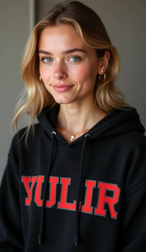 1Girl 18 years old, nur, Lange Haare, midsize boobs, Blick auf den Betrachter, blondes Haar, nackte Schultern, braune Augen, Schmuck, full entire body, Halskette, schulterfrei, pullover, lips, realistisch, Nase, Flirten mit der Kamera