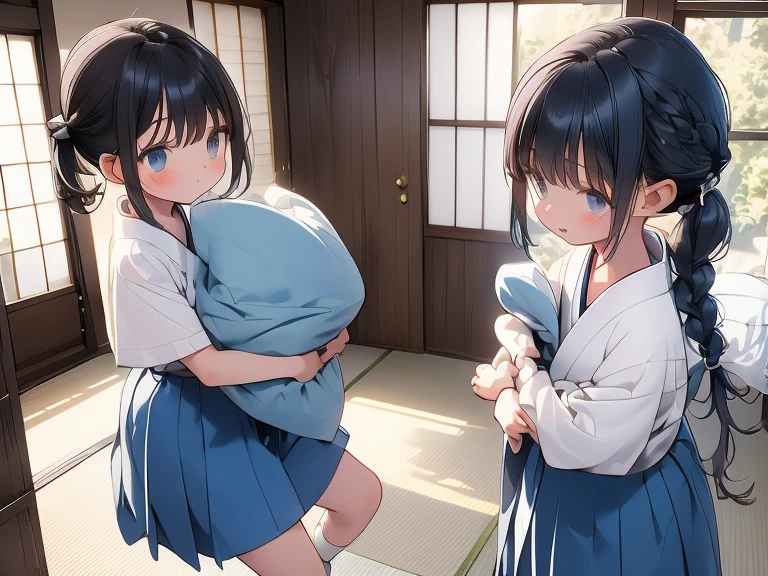 Pillow Fight, 3girls,Junior Student,Blue Skirt,White Shirt,Lora:0.5,cute face,Wearing glasses: 0.3,Hair color is random:(black, light black, dark brown, brown),hairstyle is random:(Bob hair, Braided hair, Straight hair, Twin tail hair, Side tail hair, Ponytail hair, Short twin tail hair, One side braided),Each person's height is random:(145-160cm),(Throwing pillows or holding pillows),),Thrown pillows:(super speed, running, electricity, motion blur, light trail,),(Background, 12 tatami Japanese room, scenery, tatami, sliding door, indoors, 6 to 12 pillows in the image),The image of the illustration is fun, powerful, and lively,
The composition is powerful and bold,The room and people are seen from a slightly above-ground angle,score_9,score_8_up,Qscore_7_up,source_anime, masterpiece, 8K, CG, uncensored,detailed background,detailed face, detailed eyes,high quality  image,