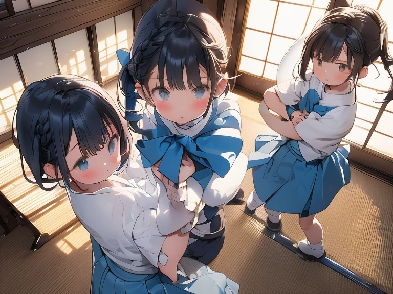 Pillow Fight, 3girls,Junior Student,Blue Skirt,White Shirt,Lora:0.5,cute face,Wearing glasses: 0.3,Hair color is random:(black, light black, dark brown, brown),hairstyle is random:(Bob hair, Braided hair, Straight hair, Twin tail hair, Side tail hair, Ponytail hair, Short twin tail hair, One side braided),Each person's height is random:(145-160cm),(Throwing pillows or holding pillows),),Thrown pillows:(super speed, running, electricity, motion blur, light trail,),(Background, 12 tatami Japanese room, scenery, tatami, sliding door, indoors, 6 to 12 pillows in the image),The image of the illustration is fun, powerful, and lively,
The composition is powerful and bold,The room and people are seen from a slightly above-ground angle,score_9,score_8_up,Qscore_7_up,source_anime, masterpiece, 8K, CG, uncensored,detailed background,detailed face, detailed eyes,high quality  image,