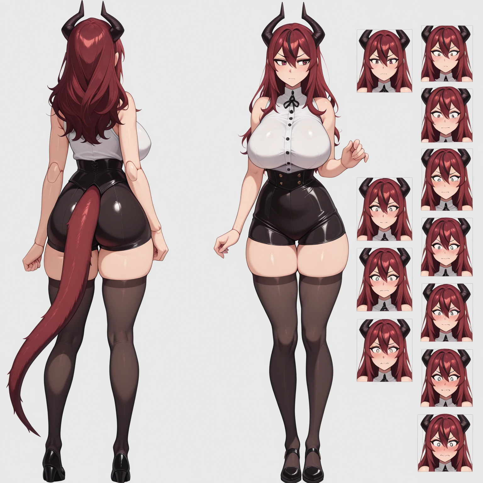 ((Best Quality)), ((Masterpiece)), (((detailed character sheet, frontal view, side view, three quarter view))) white background、whole body、whole bodyイラスト、whole bodyアニメーション、whole bodyリファレンスシート、High heels、Swimwear、original、New World、Long Hair、Orange Hair、Tattoo on left arm、Ring belt、Heighten your head、smile、Cute face、Big Breasts、Narrow waist、Long legs、Beautiful feet、8 heads tall、thong、Detailed face、high school DxD、akeno himejima、