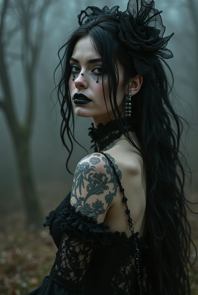 (Best Quality,hight resolution,Masterpiece, portrait:1.2),Ultra-detailed, close up of a naked woman in a creepy forest, black veil covering her breasts, black metal make-up, pale white skin, tattoes, creepy make-up, foggy and cold atmosphere, dripping make-up, wet ambient, esoteric tattoes, tattoed neck, cold atmosphere, horror aesthetic, gothic aesthetic, completely naked, seen frontally, centered subject,gloomy ecstasy,fetish,dark gloomy atmosphere, creepy atmosphere, gritty texture,Retro-atmosphere,warped reality,melancholic expression on his face,mysterious aura,foggy atmosphere,foggy background,Subtle color palette,provocative pose,Strong emotions,Coming Out of the Depths of Despair,Piercing gaze,intense shadows,Plunged in Darkness,dark industrial aesthetic,ominous vibe,A supernatural sensation,Loss of Place in Time and Space,Eerie silence.asymmetrical bangs, freckles, black short hair, Bangs, freckles, gray eyes,