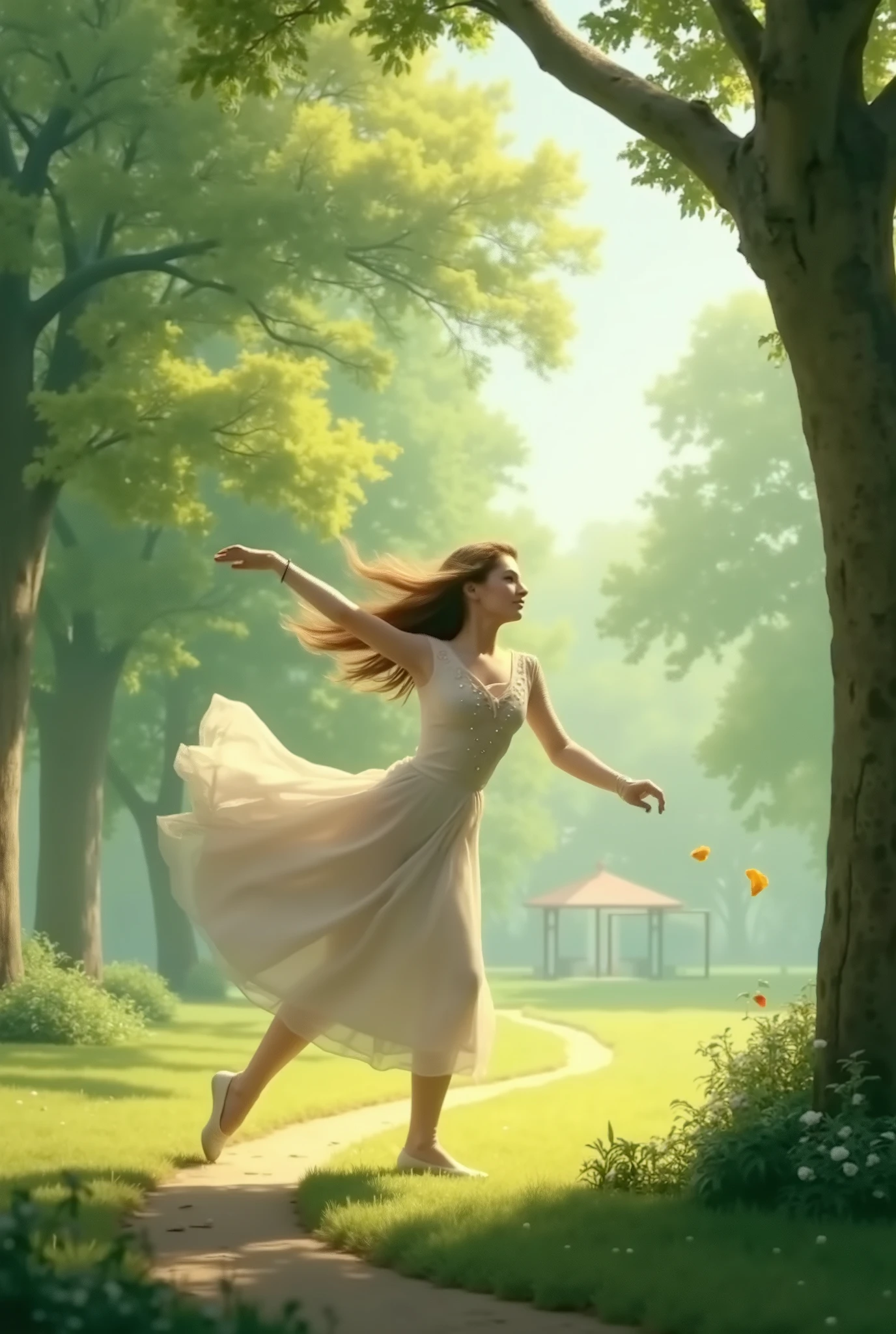 A girl is dancing in the park.