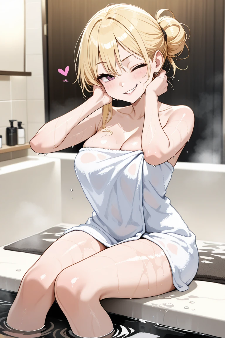 (anime style),masterpiece, best quality, extremely detailed,10Year old,tanned skin,dark skin, Beautiful body,small breasts,BREAK,multicolored colorful blonde hair,short hair,hair slicked back,BREAK,black eyes,wedding ring,shy smile,open mouth,half closed eye,detailed lips,open legs,BREAK,cotton black big ribbon,BREAK,yellow a sweater with vertical stripes,kitchen apron,striped_bikini,off shoulder,navel,break,head tilt,in the kitchen,have a cream,put one knee on the chair
