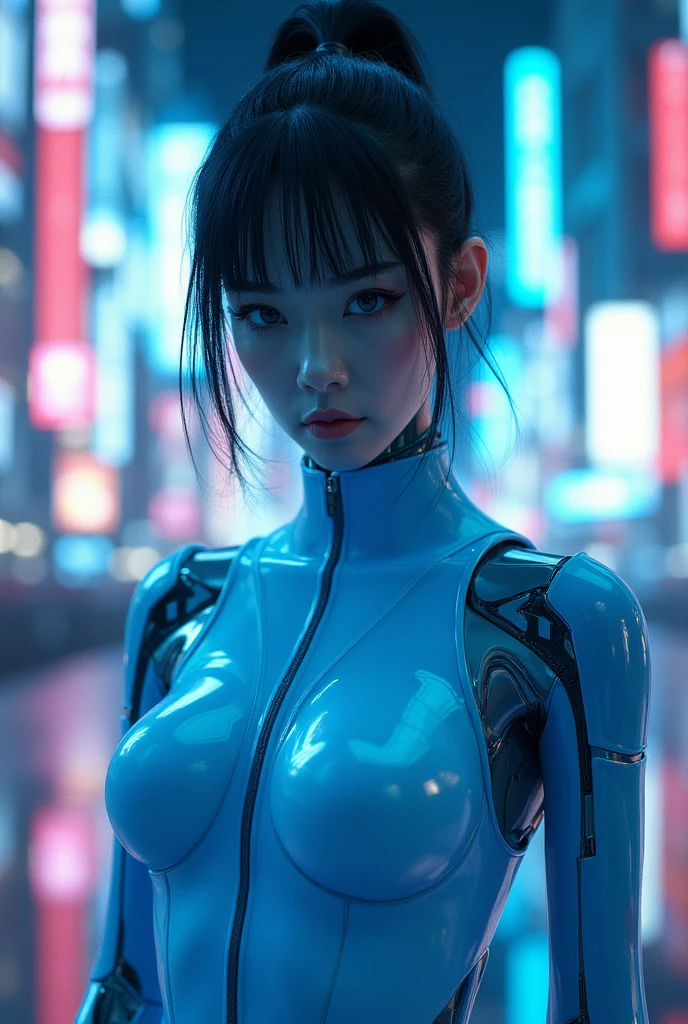 (8k, RAW Photos, highest quality, masterpiece:1.2), (Realistic, photo-Realistic:1.37),(Japanese female models), (Blue Neon),(cyber punk),Wearing a see-through transparent rubber suit,